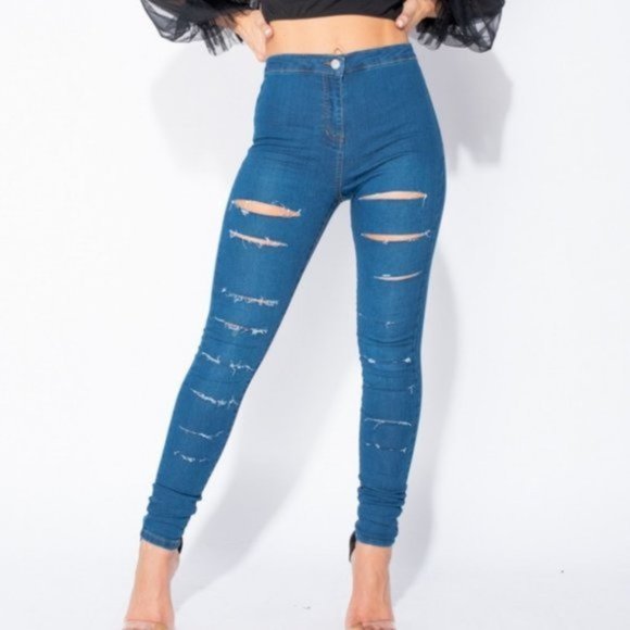 Denim - Blue High Waist Ripped Distressed Skinny Denim Jeggings Pants